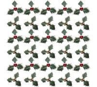 Elepl 30 Pièces Baies de Houx Artificielles avec Feuilles Vertes Branches de Faux Baies Rouge et Or pour Décoration de Couronnes de Noël et éTiquettes Cadeaux et Fabrication de Cartes