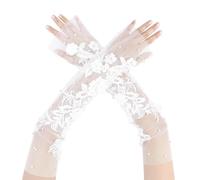Elerevyo Gants en Dentelle Florale pour Femme, en Maille, Avec NœUd Papillon et Perles, à Pois, Longueur aux Doigts, pour un Mariage éLéGant, une SoiréE ou une SoiréE Blanc17 Longueur:45cm/17.72"