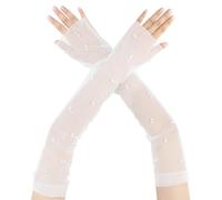 Elerevyo Gants en Dentelle Florale pour Femme, en Maille, Avec NœUd Papillon et Perles, à Pois, Longueur aux Doigts, pour un Mariage éLéGant, une SoiréE ou une SoiréE Blanc2 Longueur:45cm/17.72"