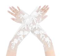 Elerevyo Gants en Dentelle Florale pour Femme, en Maille, Avec NœUd Papillon et Perles, à Pois, Longueur aux Doigts, pour un Mariage éLéGant, une SoiréE ou une SoiréE Blanc11 Longueur:41cm/16.14"