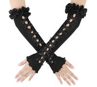 Elerevyo Gants Longs Extensibles Sans Doigts pour Femme, Avec NœUd Papillon, Manches Lolita en Satin Y2K, pour Costume de Princesse, de MariéE, de Danse Noir 36cm-50cm/14.17"-19.69"(LxW)