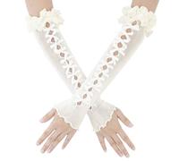 Elerevyo Gants Longs Extensibles Sans Doigts pour Femme, Avec NœUd Papillon, Manches Lolita en Satin Y2K, pour Costume de Princesse, de MariéE, de Danse Blanc 36cm-50cm/14.17"-19.69"(LxW)