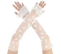 Elerevyo Gants Longs PlisséS en Dentelle à Pois pour Femmes, Avec NœUd Papillon, à la Mode, pour les Doigts, pour les SoiréEs D'OpéRa Vintage Blanc1 43x11cm/16.93"x4.33"(LxW)
