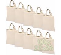 ELES VIDA Sac en coton non imprimé, deux longues anses Öko-Tex®, sac de transport, sac en coton, sac de courses, en toile de jute, Naturel | 22 x 26 cm, 100 Taschen, Minimal