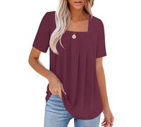 Elesomo T-shirt long d'été à manches courtes pour femme, col carré, haut plissé, rouge bordeaux, M