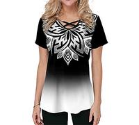 Elesoon T-shirt d'été pour femme - Grande taille - Manches courtes et demi-lune - Dégradé de couleur ombrée - Col en V, B-blanc., 36