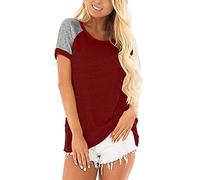 Elesoon T-shirt d'été uni à manches courtes et col rond pour femme, a-lie-de-vin, 48