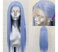ELESTY Perruque de cheveux synthétiques longs et raides bleu clair avec dentelle frontale - Fibre résistante à la chaleur - Cheveux pré-épilés - Sans colle - Pour femme tendance - 61 cm