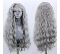 ELESTY Perruque de cheveux synthétiques longs ondulés gris avec dentelle frontale pour femme, perruque lâche, bou sans colle, aspect naturel, fibre résistante à la chaleur, pour un usage