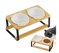 Elevated Cat Bowls, Raised Food Bowl with Double Tall Ceramic Dish, Spill-Proof Non-Slip Wooden Base for Kitten, Puppy, Apartment, City Living, Travel, 13x7.1x5.7 inches