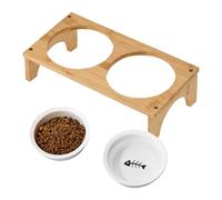 Elevated Dog Bowls, Tilted Ceramic Cat Bowl, Wooden Base Design, 12.6x6.3x3.5 inches Non Slip Whisker Friendly Feeding Station, Elevated Pet Water Dish for Puppies, Kittens