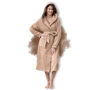 ELEVAVIDA Peignoir pour femme avec capuche en coton doux - Extra doux et confortable - Peignoir long en peluche pour sauna - Certifié OEKO-TEX, Cappuccino-Moka, L