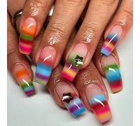 Élevez votre style avec 24 pièces de faux ongles carrés longs en boîte cadeau. Couleurs d'été dopamine, dégradé néon, couleurs vitales aurore, forme pentagonale-cœur. Idéal pour les filles, les banque
