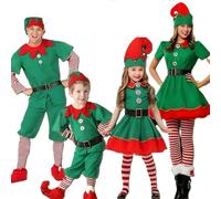 Elfe de Noël Costume pour Enfant Garçon Fille, Ensemble de Costumes d'elfe de Noël Vert, Costume Lutin avec Jupe, Ceinture, Chapeau, Chaussettes, Déguisement Elfe pour Noel Année Cosplay Carnaval