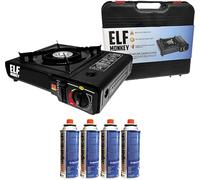 Elfmonkey Réchaud de camping Butane|avec 4 cartouches de gaz | Cuisinière à gaz avec mallette de transport