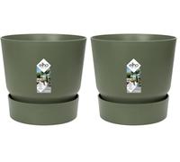 Elho Greenville Rond 14 - Pot De Fleurs avec Un Réservoir d'eau Intégré - Interieur & Extérieur - Plastique 100% Recycle - Ø 14.0 x H 13.4 cm - Vert/Leaf Green (Lot de 2)