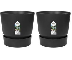 Elho Greenville Rond 18 - Pot De Fleurs avec Un Réservoir d'eau Intégré - Interieur & Extérieur - Plastique 100% Recyclé - Ø 18.3 x H 17.4 cm - Noir/Living Noir (Lot de 2)