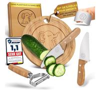 Eli® Couteau pour enfants avec planche découper protège-doigts et éplucheur | Ensemble de 5 couteaux de cuisine pour enfants haut de gamme et sécurisés - acier inoxydable - manches en bois de hêtre