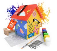 Eli® Kit de cabane à oiseaux en pin pour enfants comprenant des clous - un marteau en bois - 6 couleurs - un pinceau et des gabarits créatifs - des gabarits pour la construction d'une cabane à oiseaux