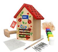Eli® Kit de construction de maison de coccinelle pour enfants en bois de pin à peindre - Avec 6 couleurs - Pinceau - Marteau - Clous - Pochoirs et modèles et matériau de remplissage - Hôtel à insectes