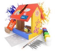 Eli® Kit de construction de mangeoire pour enfants en bois de pin, y compris clous - maillet en bois - 6 couleurs - pinceaux et modèles créatifs - pochoirs à peindre
