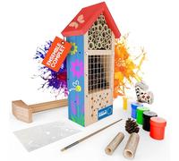 Eli Kit de construction d'hôtel à insectes pour enfants en bois de pin à peindre - Comprend 6 couleurs - Brosse - Marteau - Clous - Pochoirs et modèles - Maison d'abeille et hôtel pour jardin et