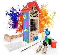 Eli® Kit de fabrication d'hôtel à insectes pour enfants en bois de pin à peindre – inclus : 6 peintures, pinceau, marteau en bois, pochoirs et modèles