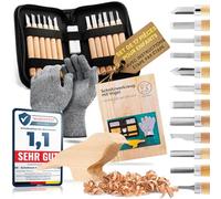Eli® Kit de sculpture pour enfants (17 pièces) avec instructions de sculpture (français non garanti) - Ébauche en bois d'oiseau - 12 outils de sculpture de haute qualité - Couteau de sculpture avec