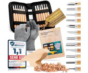 Eli® Set de sculpture pour enfants avec gants, sac et pierre à aiguiser - 12 outils de qualité - couteau avec pierre à aiguiser - pour garçons et filles (Sac avec ébauche en bois)
