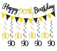 Elicola Bannière « Happy 90th Birthday » - Guirlande noire et dorée - Décorations pour 90e anniversaire - 8 pièces à suspendre - Numéro 90 - Fournitures de fête d'anniversaire - Toile de fond noire et