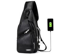 Élingue Hommes à dos, sac à écharpe PU étanche pour les hommes avec des ports de casque USB et plusieurs poches, un sac dos corps croisé réglable pour la randonnée extérieure