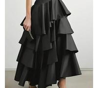 Elio Closet Jupe évasée à taille haute avec volants superposés et ourlet asymétrique, couleur unie, pour femme, été, noir L,M,S,XL,XSUnicoloreTissu tissé