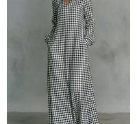Elio Closet Robe Femme Automne Décontractée Trajet Minimaliste Mode Ample Polyvalente Coupe A Col V Petit Col Droit Manches Longues Poches Latérales Extra Élégante L,M,S,XLCarreau,Tout ImpriméÉtoffe