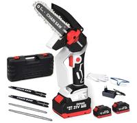 Eliofaneia mini Tronçonneuse à Batterie,8000mAh, chaînes de 6 et 8 pouces, moteur sans balais 900W, graisseur automatique et tension sans outil, verrouillage de sécurité