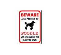 ELIPOS Panneau en étain avec inscription « Poodle warns That The Property is Guarded by a Poodle » - Panneau d'avertissement amusant en métal - Décoration murale vintage - 20,3 x 30,5 cm