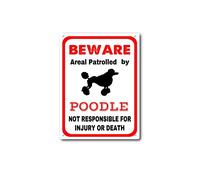 ELIPOS Plaque en étain avec inscription « Caniche warns that the property is guarded by a poodle » - Panneau d'avertissement extérieur amusant pour maison, jardin, bar, restaurant, café, bureau
