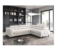 Elisa - canapé d'angle droit 5 places convertible avec coffre et têtières réglables en tissu bouclette - Blanc