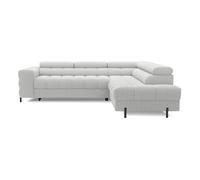 Elisa - canapé d'angle droit 5 places convertible avec coffre et têtières réglables en tissu bouclette - Gris clair