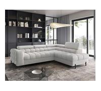 Elisa - canapé d'angle droit 5 places convertible avec coffre et têtières réglables en tissu bouclette - Gris clair