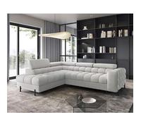 Elisa - canapé d'angle gauche 5 places convertible avec coffre et têtières réglables en tissu bouclette - Gris clair Gris clair