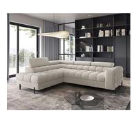 Elisa - canapé d'angle gauche 5 places convertible avec coffre et têtières réglables en tissu bouclette - Beige