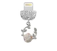 ELISE & FONDA CP675 Port de charge USB Cristal Anti-poussière Plug Petite Guirlande avec Rose Fleur Téléphone Charm pour iPhone 14/13/12/11/XS MAX/XR/X/8 Plus/7/6S/8/SE iPad iPod (Blanc)