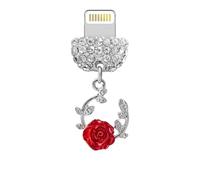 ELISE & FONDA CP676 Port de charge USB Cristal Anti-poussière Plug Petite Guirlande avec Rose Fleur Téléphone Charm pour iPhone 14/13/12/11/XS MAX/XR/X/8 Plus/7/6S/8/SE iPad iPod (Rouge)