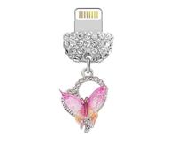 ELISE & FONDA CP679 Port de charge USB Cristal Anti-poussière Plug Little Love Coeur avec Papillon Téléphone Charm pour iPhone 14/13/12/11/XS MAX/XR/X/8 Plus/7/6S/8/SE iPad iPod (Rose)
