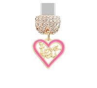 ELISE & FONDA TP1023 Type-C Port de charge Cristal Anti-poussière Bouchon Little Love Heart avec breloque pour téléphone portable iPhone 15/16/Samsung/OnePlus/Xiaomi/Oppo téléphones Android (rose)
