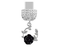 ELISE & FONDA TP1039 Type-C Port de charge anti-poussière en cristal Petite guirlande avec fleur rose pour téléphone portable iPhone 15/16/Samsung/OnePlus/Xiaomi/Oppo téléphones Android (Noir)