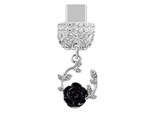 ELISE & FONDA TP1039 Type-C Port de charge anti-poussière en cristal Petite guirlande avec fleur rose pour téléphone portable iPhone 15/16/Samsung/OnePlus/Xiaomi/Oppo téléphones Android (Noir)