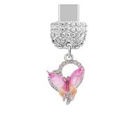 ELISE & FONDA TP1045 Type-C Port de charge en cristal anti-poussière Petit cœur en cristal avec breloque papillon pour téléphone portable iPhone 15/16/Samsung/OnePlus/Xiaomi/Oppo téléphones Android