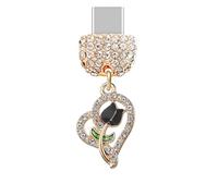 ELISE & FONDA TP1055 Type-C Port de charge Crystal Anti poussière Plug Little Love Heart avec breloque de téléphone portable Rose pour iPhone 15/16/Samsung/OnePlus/Xiaomi/Oppo téléphones Android (Noir