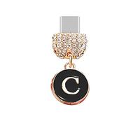 ELISE & FONDA TP55 Bouchon anti-poussière avec petit pendentif rond en forme de lettre C pour téléphone portable Samsung Galaxy/Huawei/OnePlus/Xiaomi/Oppo Noir, approx. 1.2 cm (H) x 1.2 cm (W) x 0.2 cm (D), Alliage de zinc, Strass